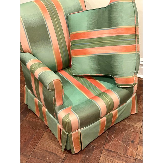 English Green & Coral Striped Upholstered Club Chair, Palm Beach Style For Sale - Image 3 of 12