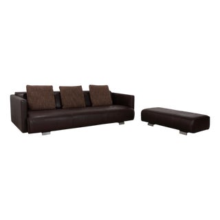 Model 6300 4-Seater Sofa and Ottoman in Brown Leather from Rolf Benz, Set of 2 For Sale