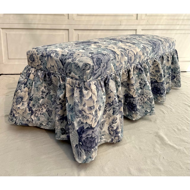 Late 20th Century English Traditional Skirted Upholstered Bench in Blue Floral Fabric, Newly Recovered For Sale - Image 5 of 11