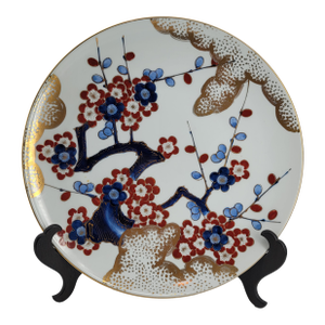 Vintage Arita Imari Porcelain Plate Hand-Painted Plum Blossoms and Gold Gilt With Stand - Japan