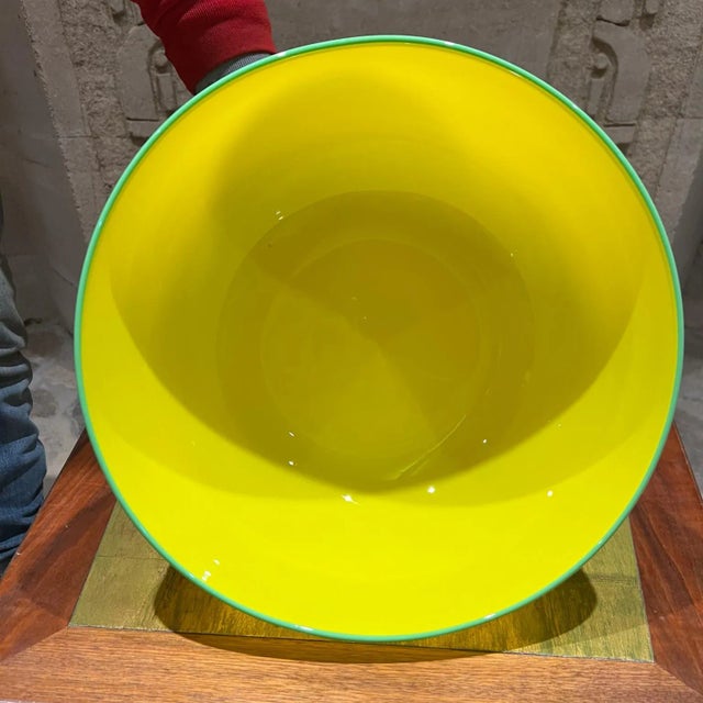 Yellow Czech Art Tango Glass Pedestal Bowl Yellow & Green For Sale - Image 8 of 10