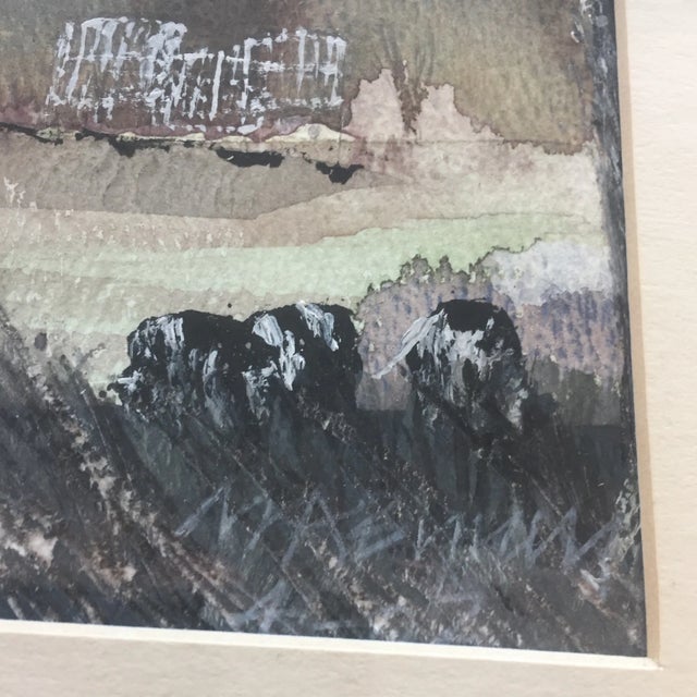 Rustic Vintage Original Watercolor Landscape W/ Cows Painting For Sale - Image 3 of 7