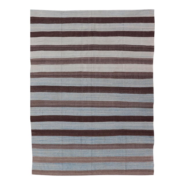 Modern Kilim Hand Woven Casual Rug With Stripes in Shades of Blue and Brown 8'6 X 12'6 For Sale