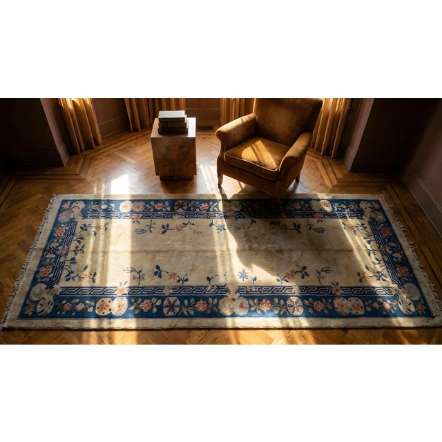 1920s Beige Floral Shou Antique Chinese Rug 4' 2'' X12' 0'' Knotted Wool Carpet For Sale - Image 11 of 13