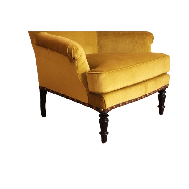 Newly reupholstered in chartreuse velvet by Schumacher. With contrasting gros grain trim and brass nail heads. In...