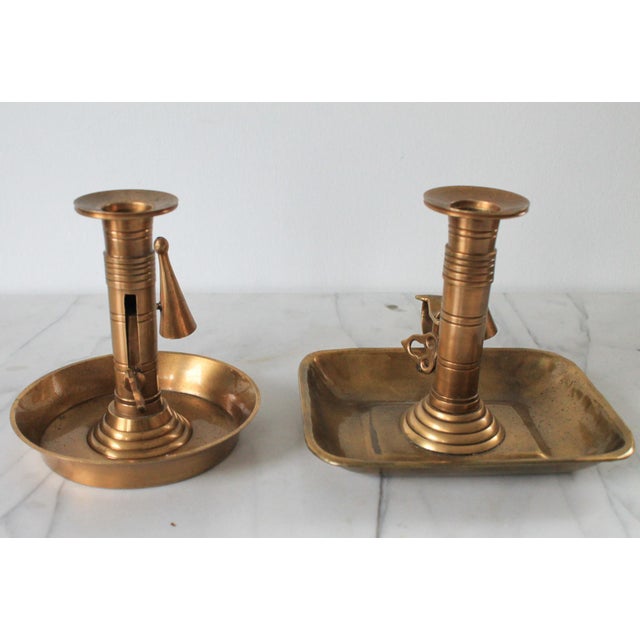 Mid 20th Century Vintage Brass Chamberstick Candle Holders W/ Snuffers - A Pair For Sale - Image 5 of 9
