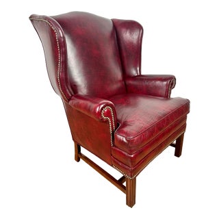 Late 20th Century Bracewell Burgundy Leather Nailhead Wingback Library Club Lounge Chair For Sale