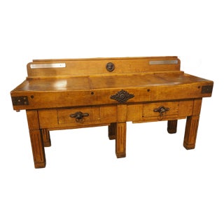 Antique French Double Butcher Block Table With Iron Mounts, Circa 1920s For Sale