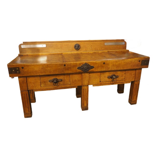 Antique French Double Butcher Block Table With Iron Mounts, Circa 1920s For Sale