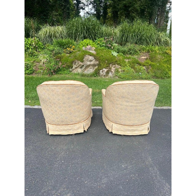 Pair of Tufted Button Back Swivel Chairs in a Cream Color With Brown Piping For Sale - Image 10 of 18
