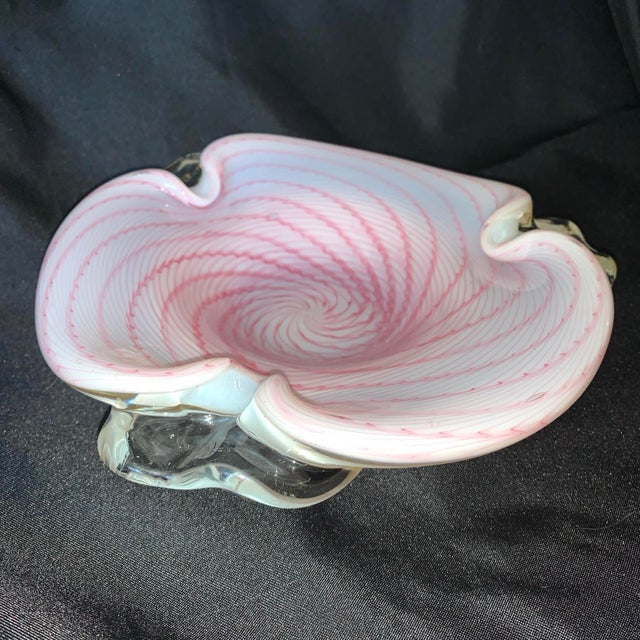 Murano Vintage Murano Art Glass Centerpiece Bowl Opalescent White W/ Pink Latticinio For Sale - Image 4 of 9