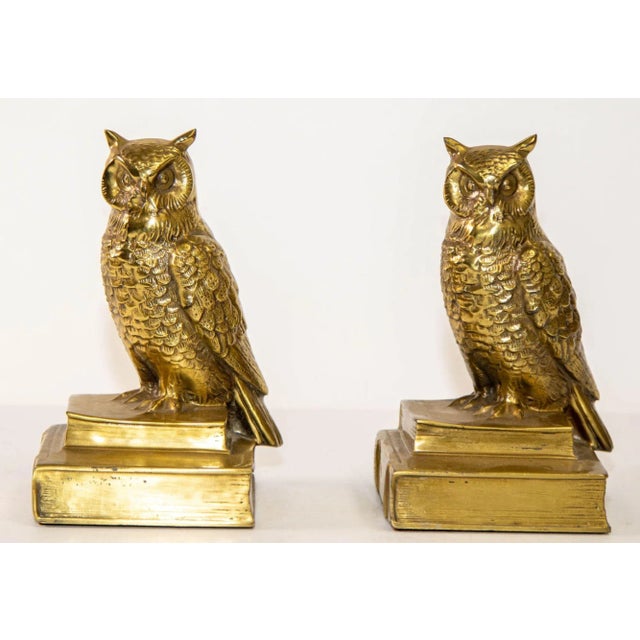 Vintage Cast Brass Owl Figurine Sculpture Bookends Mid-Century Modern 1950's For Sale - Image 4 of 13