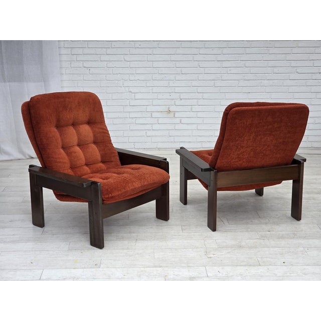 Wood Danish Armchair in Orange-Red Velour and Dark Oak Wood, 1970s For Sale - Image 7 of 17