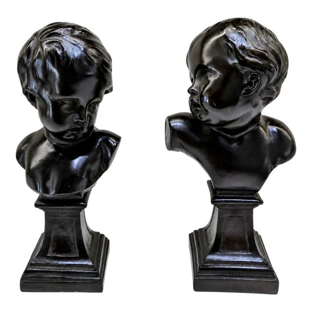 Vintage Alva Studios Pair of French Neoclassical Child Bust Sculptures, Met Museum Reproductions For Sale