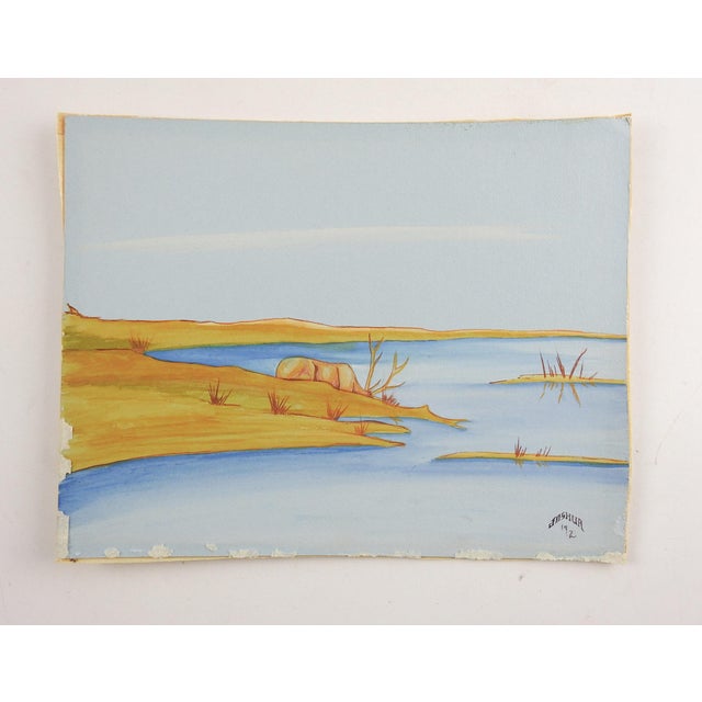 Gouache on artist board of hidden elk at waterhole by Lee Roy Joshua (d. 2001) Native American, Creek and Seminole. He is...