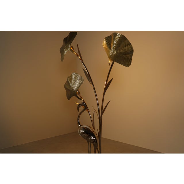 Large Brass Flamingo Floor Lamp with Sculptural Ginkgo Leaves, Italy, 1970s For Sale - Image 4 of 16