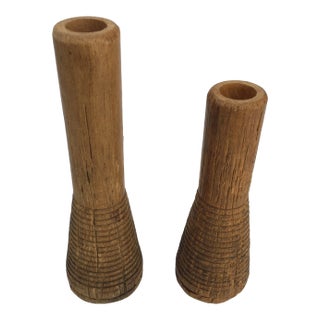 Mid 20th Century Rustic European Wooden Candleholders - a Pair For Sale