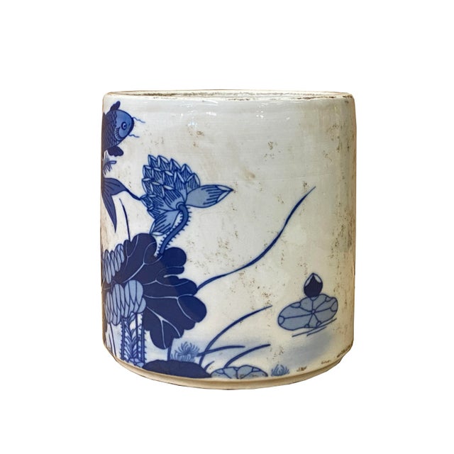 Chinese Distressed White Porcelain Blue Fishes Graphic Holder Vase For Sale - Image 4 of 6