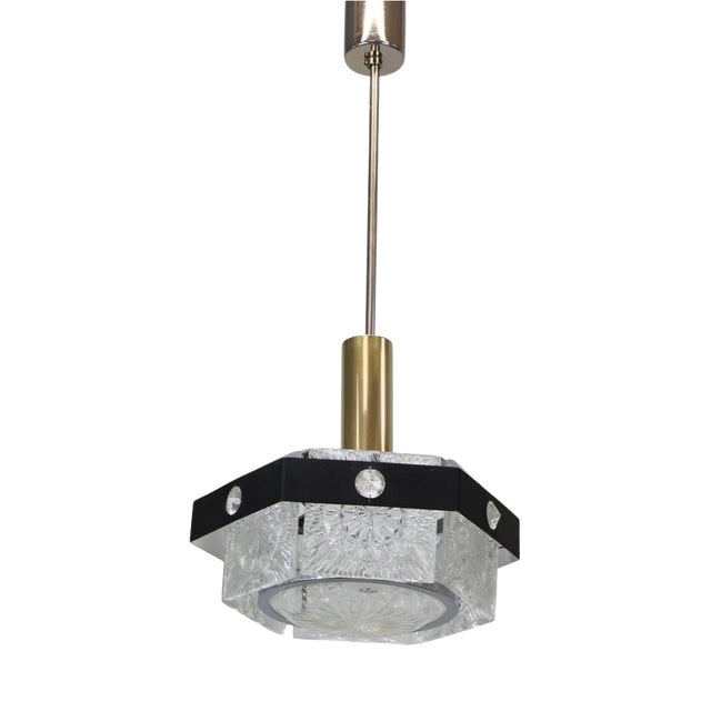 Czechoslovak Cut Glass and Chrome Pendant Light from Kamenický Šenov, 1970s For Sale