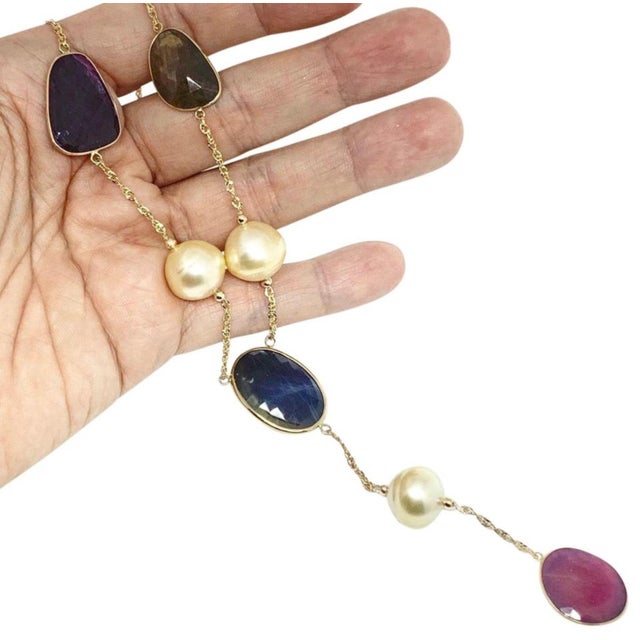 South Sea Pearl Ruby Sapphire Necklace 14k Gold Certified For Sale - Image 4 of 8