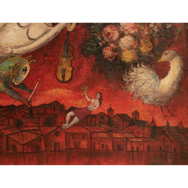 Mid 20th Century XL Mid 20th Century Surrealist Painting, Manner of Chagall, Framed For Sale - Image 5 of 12