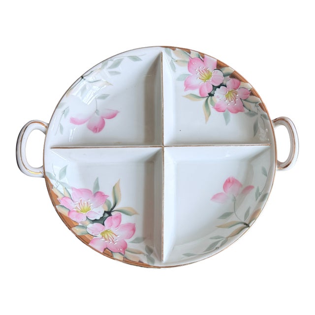 Antique, Early 20th Century Noritake Japan Azalea Porcelain Four-Divider Fruit and Nut Bowl For Sale