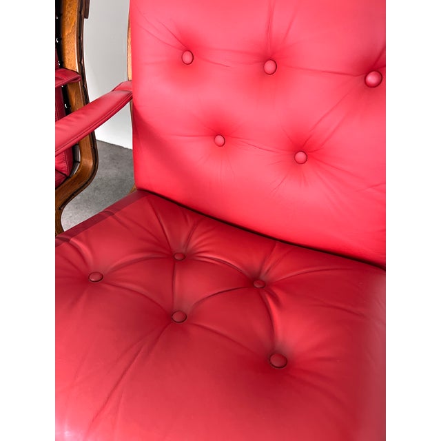 1970s Pair Red Leather/ Rosewood Framed “Siesta Arm Chairs” by Norwegian Designer Ingmar Relling for Westnofa For Sale - Image 11 of 12