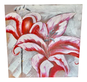 28” Red and White Lillies Signed Original Floral Oil on Canvas Painting