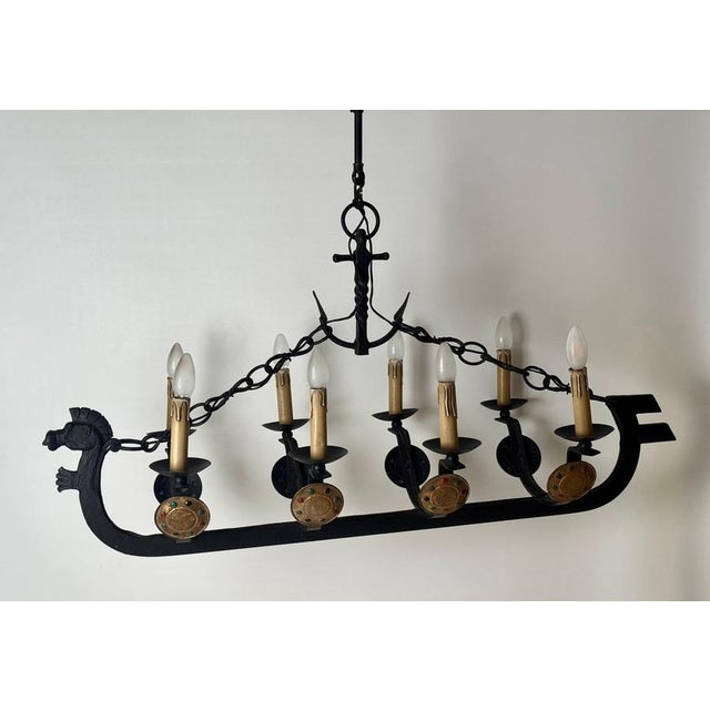 Art Deco Cast Iron Viking Longboat Chandelier, 1940s For Sale - Image 3 of 18