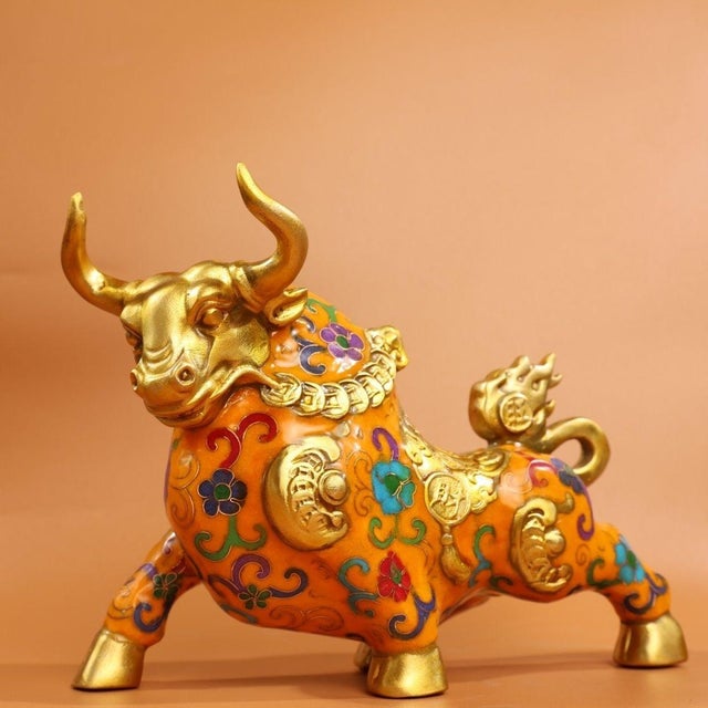 Late 20th Century Gilt Bronze Cloisonné Enamel Ox Figure With Coin Motif For Sale - Image 4 of 9