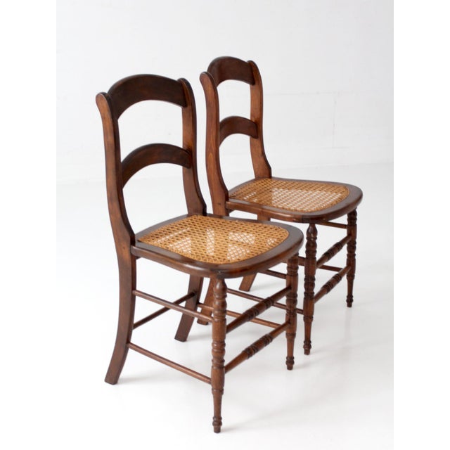 Brown Antique Cane Seat Dining Chairs Pair For Sale - Image 8 of 11