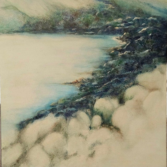 Mid 20th Century Framed 1975 Coastal Oil Painting by Du Bridge – Signed “The Bay” Landscape on Canvas For Sale - Image 5 of 7