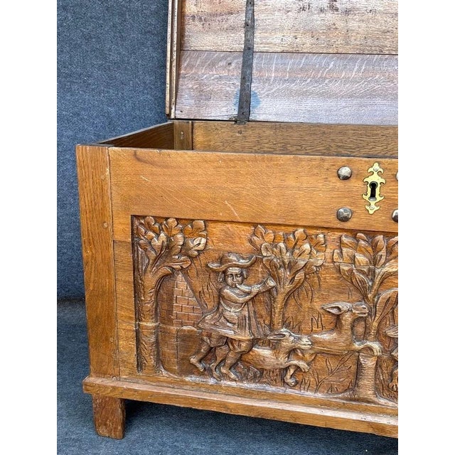 Traditional Carved Oak Hunt-Scene Storage Trunk, Estimated Early 1900s For Sale - Image 3 of 9