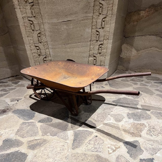 Old Vintage Metal Wheelbarrow Rustic Garden Cart For Sale - Image 4 of 11