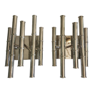 Vintage Jonathan Adler Style Polished Nickel Silver Wall Sconces-a Pair