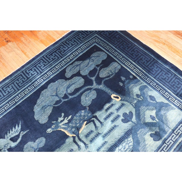 Textile Early 20th Century Zabihi Collection Chinese Blue Deer Bird Pictorial Landscape Rug - 4'10" x 6'2" For Sale - Image 7 of 8