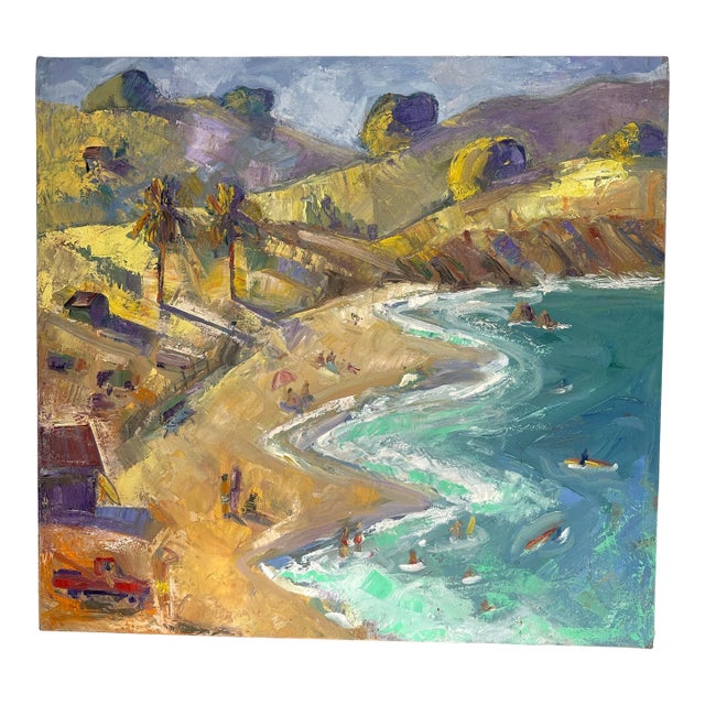 Original Expressionist California Oil Painting of a Beach with Surfers by James Hartman For Sale