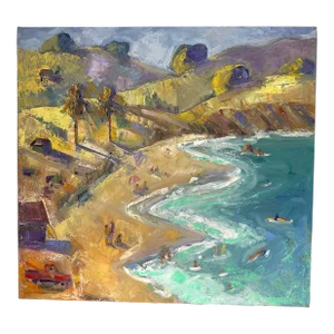 Original Expressionist California Oil Painting of a Beach with Surfers by James Hartman