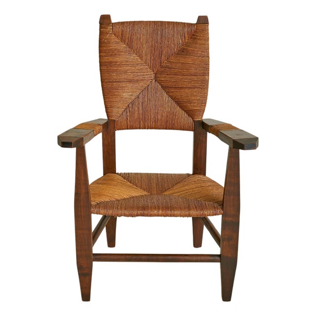 French Wood + Rush Armchair in Manner of Charlotte Perriand, 1940s For Sale