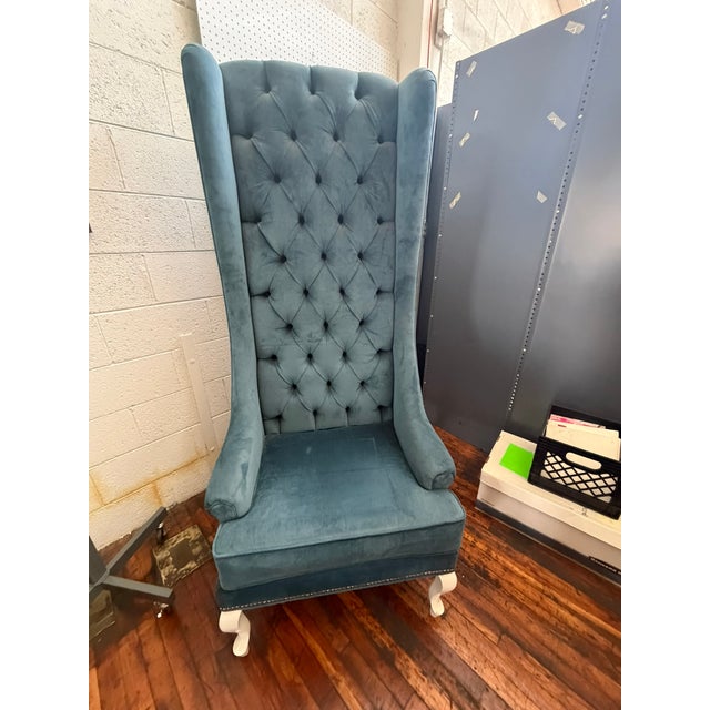 Contemporary Blue Velvet Wingback Armchair – Tufted High‑Back Accent Chair With Nailhead Trim For Sale - Image 3 of 7