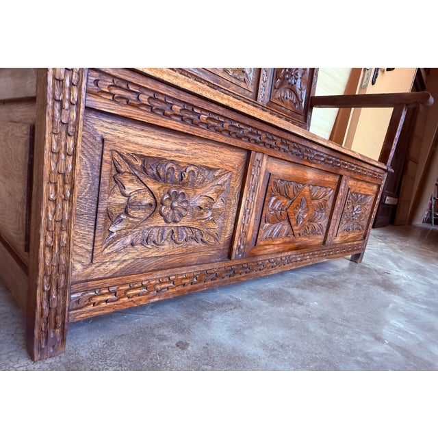 19th Spanish Carved Large Hall Bench with Storage For Sale - Image 9 of 18