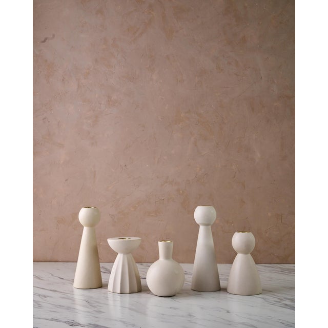 Contemporary Sculptural Quintet of Ceramic Candle Holders by Lostine in Matte White For Sale - Image 3 of 11