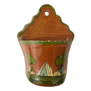 Vintage Hand Painted Landscape Scene Spainish Terra Cotta Wall Pocket For Sale