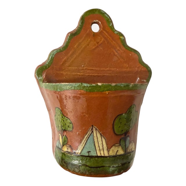 Vintage Hand Painted Landscape Scene Spainish Terra Cotta Wall Pocket For Sale