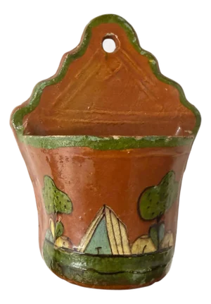 Vintage Hand Painted Landscape Scene Spainish Terra Cotta Wall Pocket