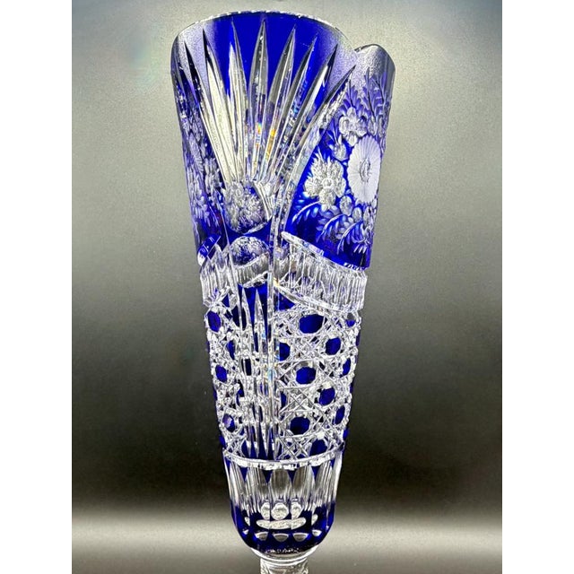 Glass Vintage Crystal Cobalt Blue Overlay Cut Crystal Vase from Meissen, 1960s For Sale - Image 7 of 18