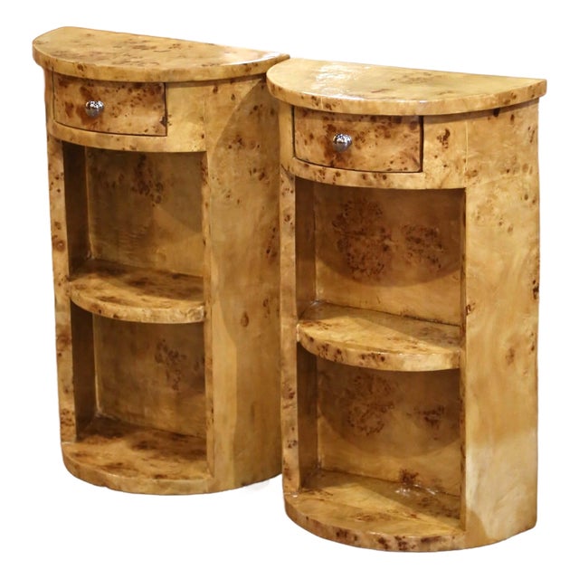 Pair of Mid-Century French Art Deco Burl Elm Bedside Tables Nightstands For Sale
