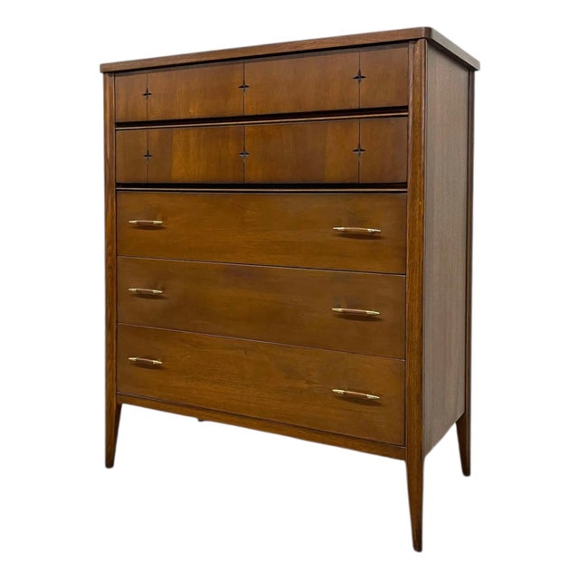 1960s Broyhill Premier “Saga" Highboy Dresser - Mid-Century Modern Chest With Starburst Carvings For Sale