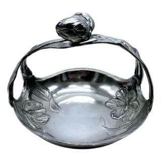 Antique Art Nouveau Pewter Tulip Basket Floral Embossed Design Decorative Handle For Sale