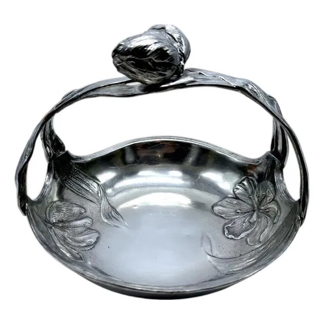 Antique Art Nouveau Pewter Tulip Basket Floral Embossed Design Decorative Handle For Sale